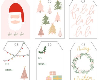 May include: Set of printable Christmas gift tags featuring various designs, including a snowman, a wreath, a Santa Claus, a Christmas tree, and a 'Merry & Bright' design. The tags are in a minimalist style with a pink and green color scheme.