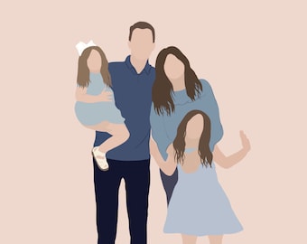 Digital Family Portrait  | Custom Digital Illustration |Printable | Digital File| Custom Family Portrait with pets| Custom Illustration