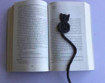 Gehäkeltes anthrazitgraues Katzen-Lesezeichen, Buch-Lesezeichen