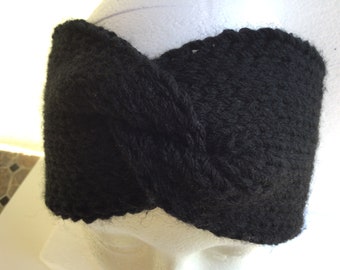 Bandeau turban femme, chauffe oreilles en laine noire, headband tricoté  main