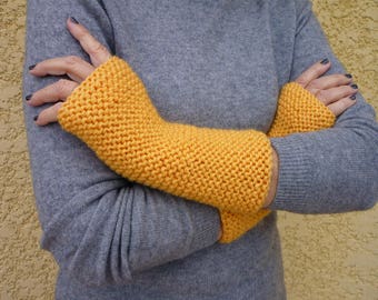 Mitaines manchettes femme, laine moutarde, jaune safran, chauffe main, gants sans doigts