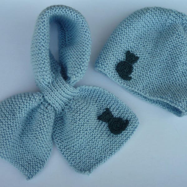 Ensemble bonnet écharpe, ensemble bébé, bleu ciel, petit chat crochet, bonnet bébé, écharpe bégé, cadeau naissance