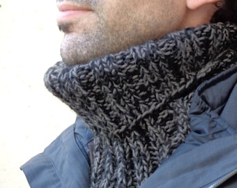 Snood homme, écharpe col, snood tricot, bicolore, noir gris, gris anthracite, col roulé, cache col