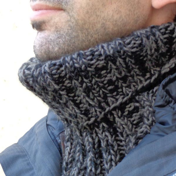 Snood homme, écharpe col, snood tricot, bicolore, noir gris, gris anthracite, col roulé, cache col