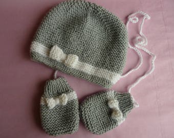 Baby hat and mittens - knitting - light gray and white wool