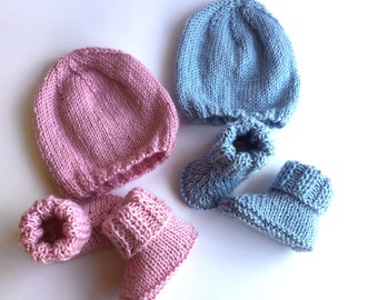 Ensemble bonnet chaussons naissance, laine tricot, cadeau de naissance