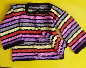 Gilet bébé rayé, tricoté main - 100 % coton