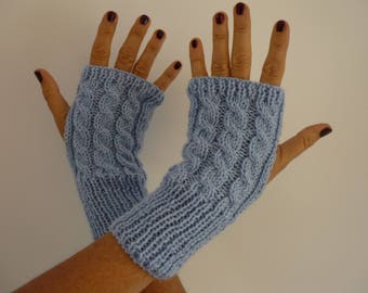 Women's twisted mittens, teen mittens, wool gloves, light blue, gift for her