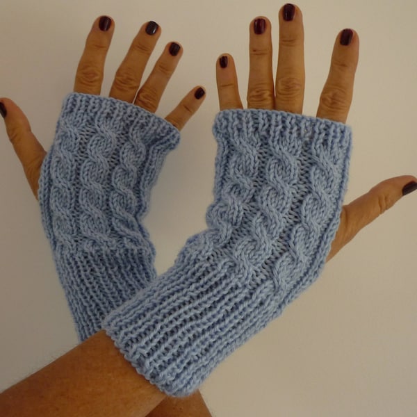 Mitaines femme torsades, mitaines ado, gants laine, bleu clair, cadeau pour elle