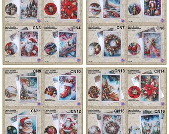 4 cartes de Noël, carte de vœux au choix : père noël, sapin, renne, cadeaux, nutcracker, fleur poinsettia, couronne de noël