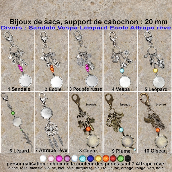 bijoux de sac support de cabochons 1 lot de 2 au choix thème "divers Sandale Vespa Léopard Ecole Attrape rêve"