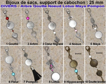 bijoux de sac support de cabochon 25 mm, 1 lot de 2 au choix, thème "Divers : Arbre Goutte Nœud Coeur