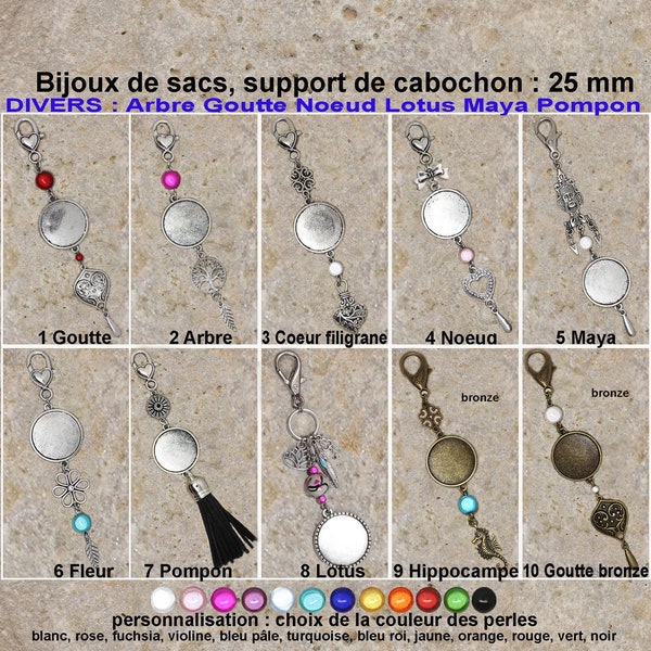 bijoux de sac support de cabochon 25 mm, 1 lot de 2 au choix, thème "Divers : Arbre Goutte Nœud Coeur