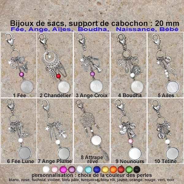 2 bijoux de sacs thème "Fée, Ange, Ailes, Boudha, Naissance, Bébé" au choix