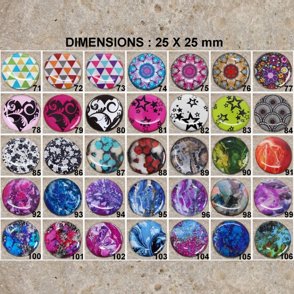 2 lots de 2 cabochons en résine 25 mm différents motifs au choix triangles, coeurs, fleurs, étoiles, effet de peinture