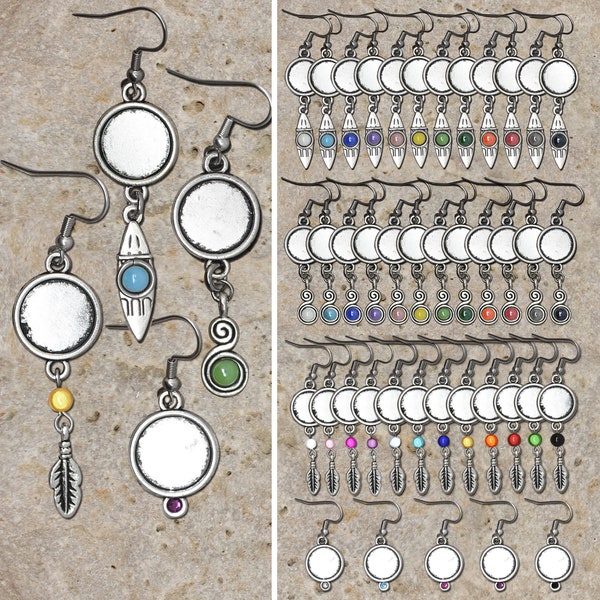 2 paires de boucles d'oreilles support de cabochon 12 mm, ogive, spirale, plume, strass, au choix