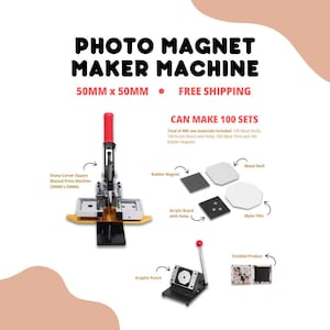 Kit de création d'aimants photo carrés avec coins pointus de 50 mm - Comprend une presse, un cutter et 100 jeux d'aimants - LIVRAISON GRATUITE