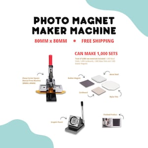 May include: A photo magnet maker machine with a red handle and a black base. The machine is used to create 80mm x 80mm photo magnets. The image shows the machine with a graphic punch, a rubber magnet, a cardboard, a mylar film, a metal shell, and a finished product.