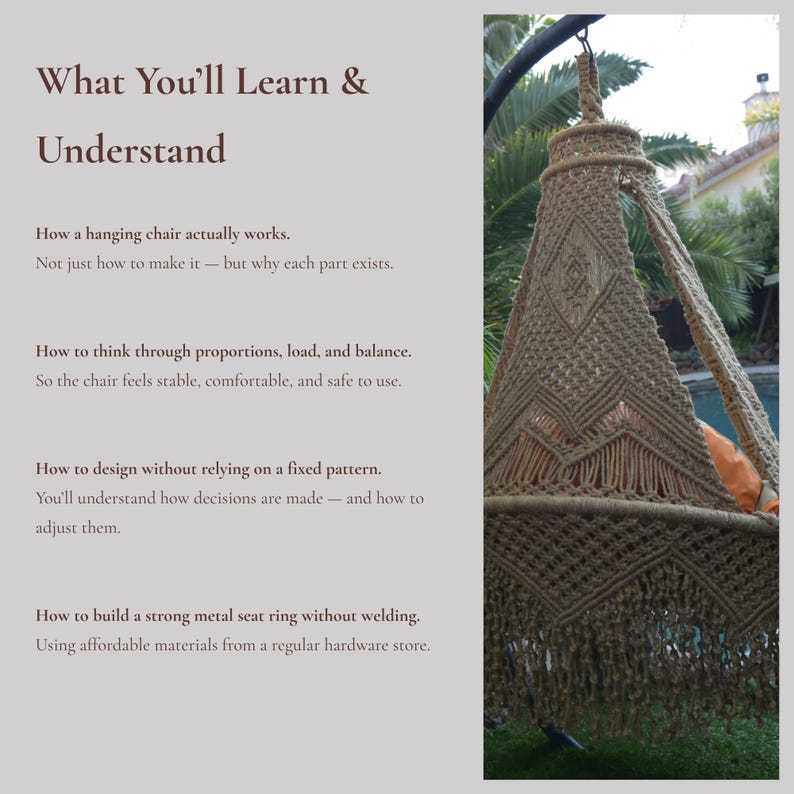 Macramé Hanging Chair Tutorial PDF — Author’s Method, No-Weld Metal Ring (Swing Pattern PDF) image 8