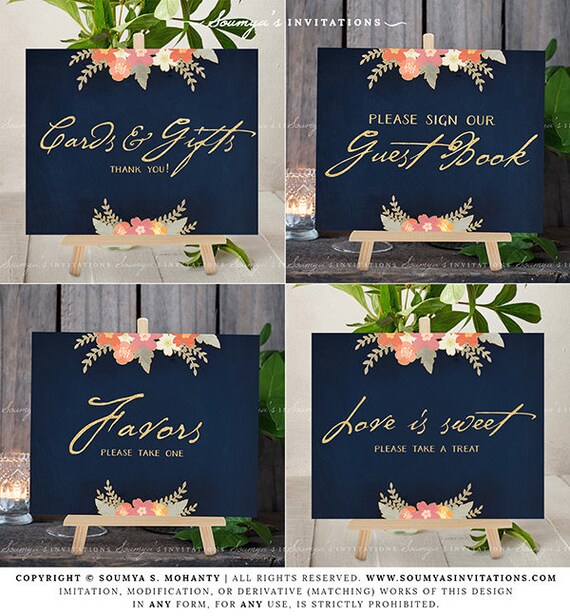 Printable Wedding Signs Navy Blush Pink Coral Peach Wedding Etsy