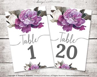 Purple Wedding Table Numbers, Purple Peonies Floral Wedding Table Numbers, PRINTABLE Calligraphy Table Numbers Cards 1-20