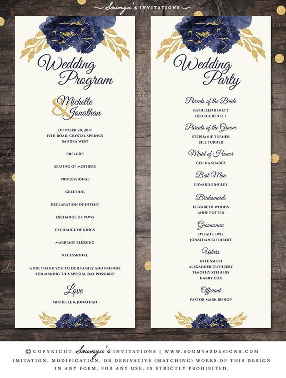 Navy Blue Gold Floral Wedding Program Navy Gold Peony Wedding Etsy