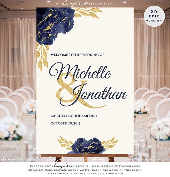 Navy Blue Gold Cream Wedding Welcome Sign Navy Gold Welcome Etsy
