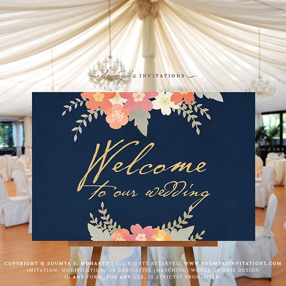Welcome Wedding Sign Navy Blush Pink Coral Peach Wedding Etsy