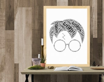 May include: A black and white word cloud art print of Harry Potter with the words "Word 1" to "Word 7" repeated throughout the image.
