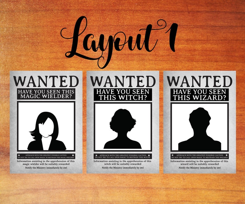 May include: Three wanted posters with black and white silhouettes of people. The posters have the text "WANTED" and "HAVE YOU SEEN THIS MAGIC WIELDER?", "HAVE YOU SEEN THIS WITCH?", and "HAVE YOU SEEN THIS WIZARD?" The posters also have text that says "APPROACH WITH THE GREATEST POSSIBLE CAUTION DO NOT TRY TO CALL UPON MAGIC TO RESTRAIN THIS..." and "Information assisting in the apprehension of this... will be suitably rewarded. Notify the Ministry immediately by owl."