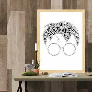 May include: A black and white word art print of Harry Potter's glasses and lightning bolt scar, made up of the name "Alex" repeated many times.