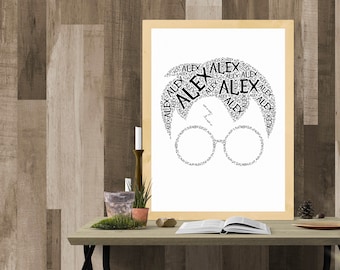 May include: A black and white word art print of Harry Potter's glasses and lightning bolt scar, made up of the name "Alex" repeated many times.