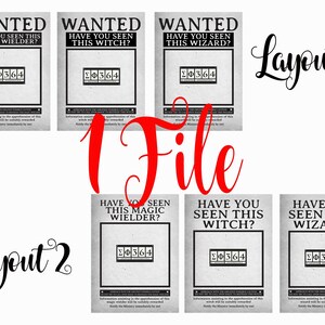 May include: A collection of vintage-style "Wanted" posters. The posters feature the text "Have You Seen This..." followed by "Magic Wielder", "Witch", or "Wizard". Each poster includes a code and a call for information.