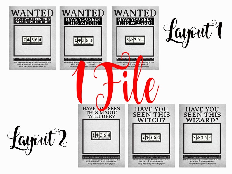 May include: A collection of vintage-style "Wanted" posters. The posters feature the text "Have You Seen This..." followed by "Magic Wielder", "Witch", or "Wizard". Each poster includes a code and a call for information.