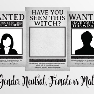 May include: Three black and white printable wanted posters with a silhouette of a person in the middle. The text on the posters reads "Wanted", "Have you seen this magic wielder?", "Have you seen this witch?", "Have you seen this wizard?" and "Approach with the greatest possible caution. Do not try to call upon magic to restrain this [magic wielder/witch/wizard]. Information assisting in the apprehension of this [magic wielder/witch/wizard] will be suitably rewarded. Notify the Ministry immediately by owl."