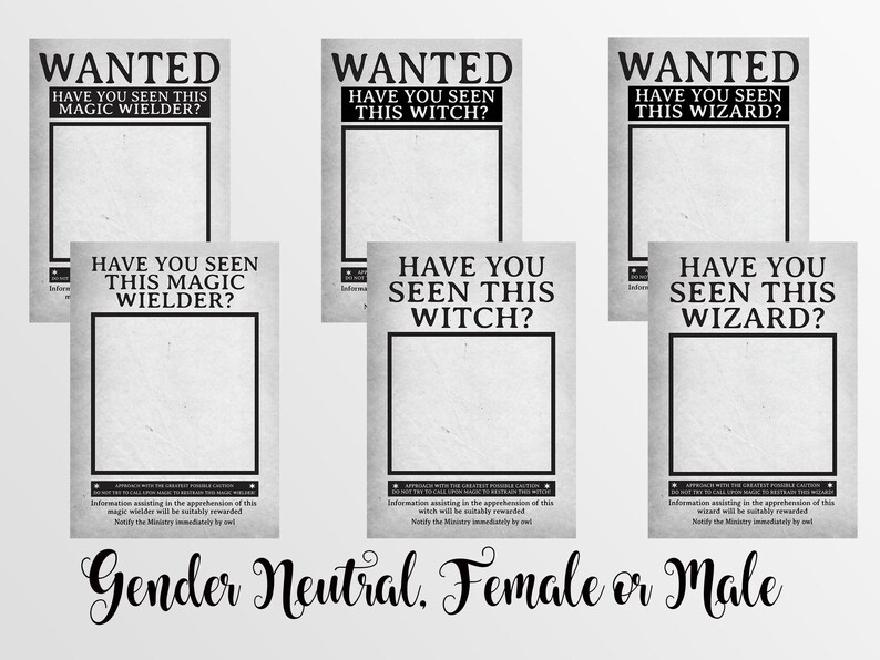 May include: A collection of six vintage-style posters with a distressed paper effect. Each poster features the word "WANTED" at the top, followed by a question about a magic wielder, witch, or wizard. The phrase "Gender Neutral. Female or Male" is written at the bottom.