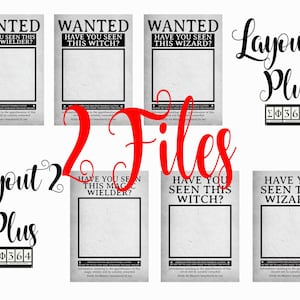 May include: A collection of printable posters with a vintage, distressed look. The posters feature the words "WANTED" and "Have You Seen This..." followed by "Magic Wielder", "Witch", or "Wizard". Additional text includes "Layout 1 Plus" and "Layout 2 Plus".