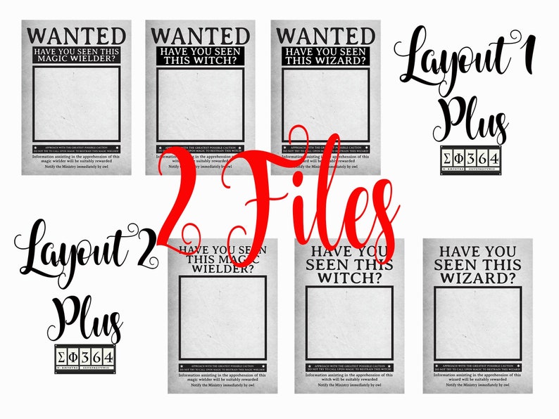 May include: A collection of printable posters with a vintage, distressed look. The posters feature the words "WANTED" and "Have You Seen This..." followed by "Magic Wielder", "Witch", or "Wizard". Additional text includes "Layout 1 Plus" and "Layout 2 Plus".