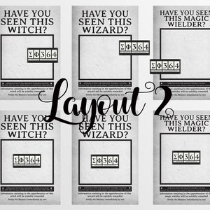 May include: A collection of six vintage-style posters with a faded gray background. Each poster features the text "Have You Seen This Witch?", "Have You Seen This Wizard?", or "Have You Seen This Magic Wielder?" with a box containing the numbers and symbols "&Sigma;&Phi;364".