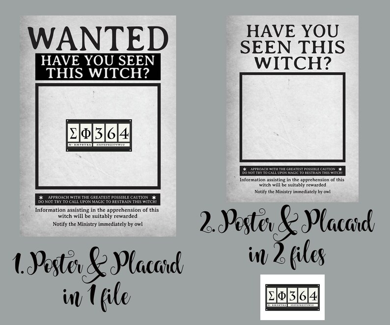 May include: Two grayscale posters with text: "WANTED HAVE YOU SEEN THIS WITCH?" and "HAVE YOU SEEN THIS WITCH?" The first poster includes a code: &Sigma;&Phi;364. Both posters have warnings and instructions. The image also includes the text "1. Poster & Placard in 1 file" and "2. Poster & Placard in 2 files".