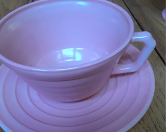 1940's Hazel Atlas Moderntone pastel PINK Cup and Saucer 40's glassware depression glass.