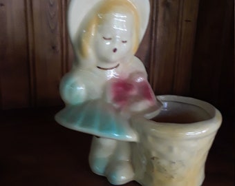 Vintage Shawnee Little Girl in Bonnet with Basket Planter