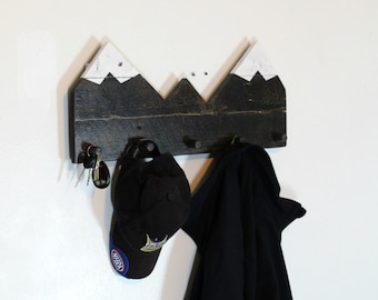 Snow capped mountain shaped coat rack, alpine scenic view hat organizer, rocky mountain functional art, entryway rustic decor, ebony stained