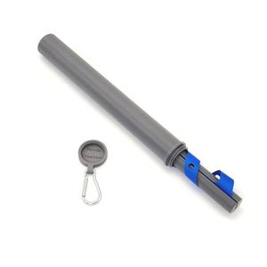 May include: A gray cylindrical storage tube with a threaded cap and a blue strap attached to the base. Beside the tube is a small circular gray cap featuring the text Yalotz Creations and a silver metal carabiner clip attached to it.