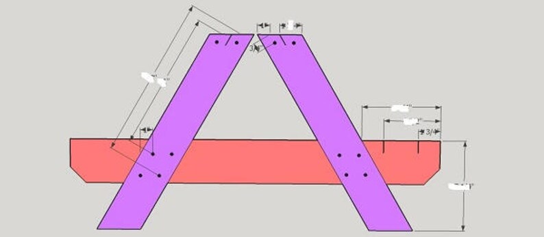 May include: Diagram showing how to build a wooden table with two purple legs and a red top. The legs are 17 1/2 inches long and the top is 3/4 inches thick.