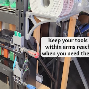 Filament spool and tool storage for 77" Muscle Gorilla rack 3D printer workspace