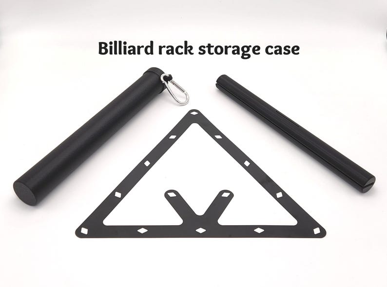 May include: A black billiard rack storage case with the text Billiard rack storage case printed above. The set includes a cylindrical black storage tube with a silver carabiner and a flat, triangular black billiard rack frame component.
