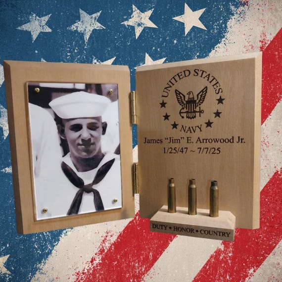 Three Volley Salute Memorial Shell Photo Display, Laser Engraved  Hardwood, Personalized