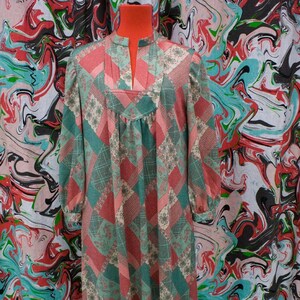 Vintage 60s 70s Maxi Dress with High Neck & Puff Sleeves, Hippie, Bohemian, Boho, Floral, Green and Red w Cool Silver Highlights, 39 Bust image 1