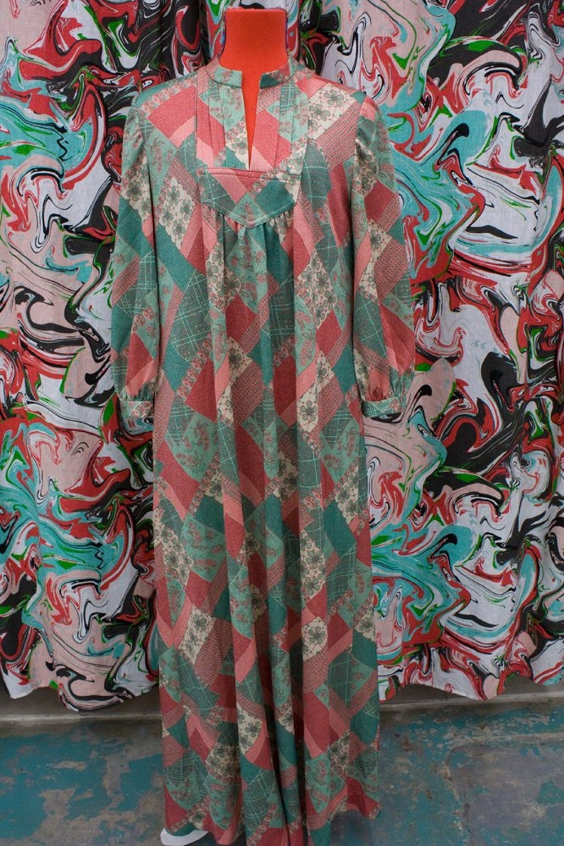 Vintage 60s 70s Maxi Dress with High Neck & Puff Sleeves, Hippie, Bohemian, Boho, Floral, Green and Red w Cool Silver Highlights, 39 Bust image 1